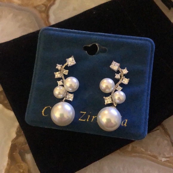 Sculptural Round Pearl Drop and Cubic Zirconia Earrings-Boutique - Picture 2 of 7